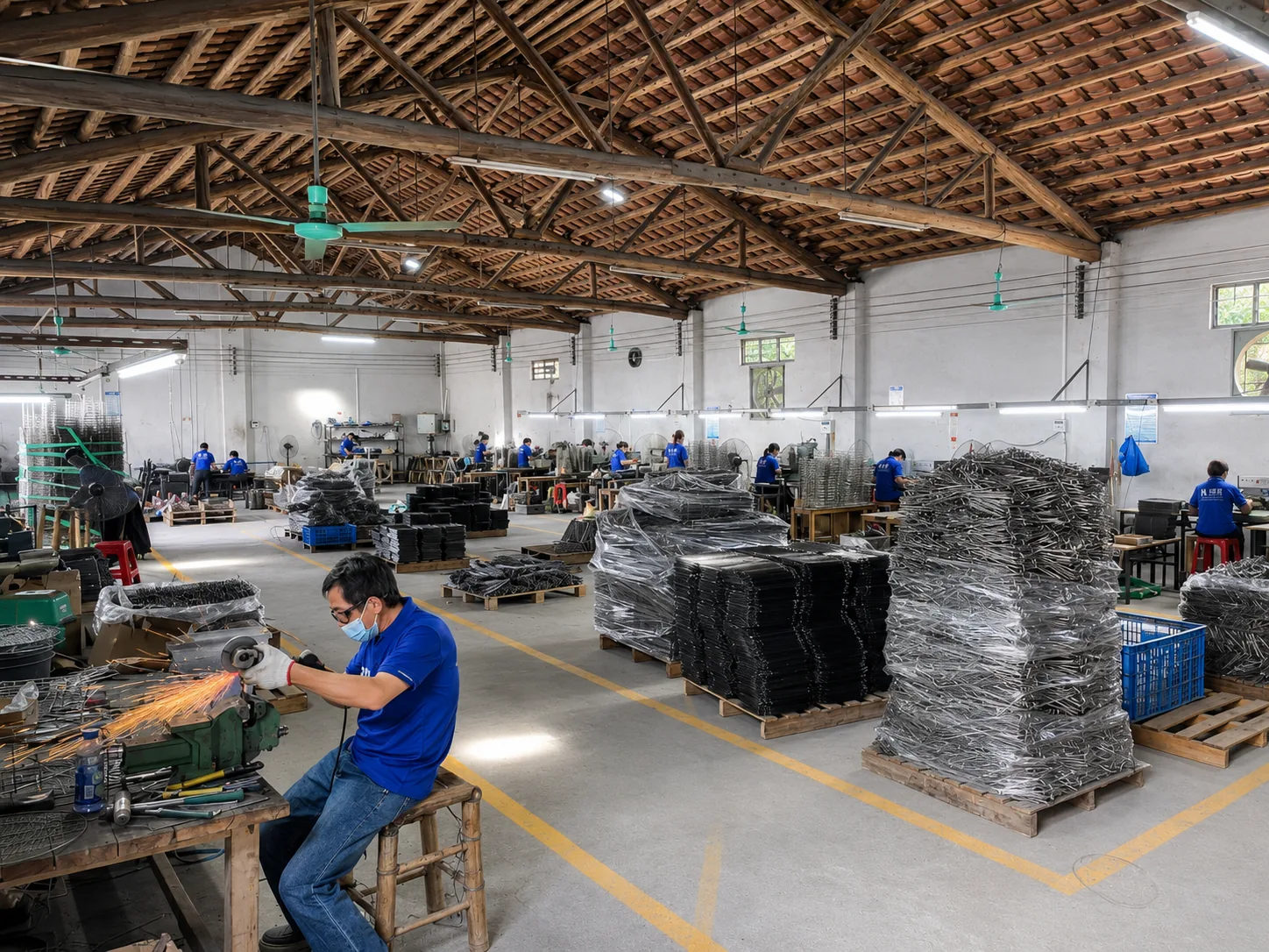 BBQ tools factory floor with grinding, packaging, and stacked wire products