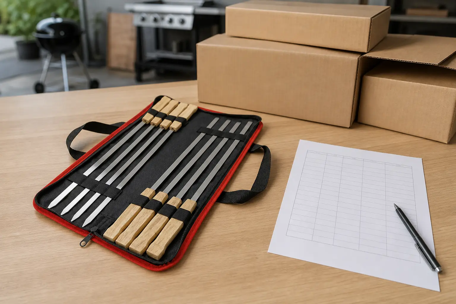 Flat stainless steel BBQ skewers with wood handles in a black storage bag on a sample review desk with plain cartons