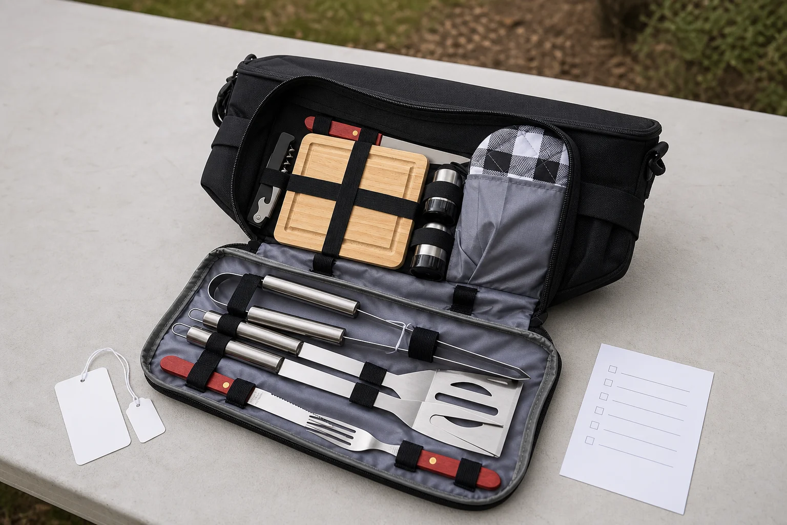 Open Grillive BBQ tool carry bag with stainless tools on an outdoor table beside blank tags and a checklist card