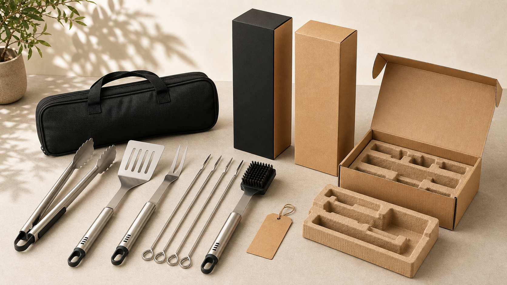 BBQ tool set with storage bag, blank retail boxes, hang tag, and carton inserts