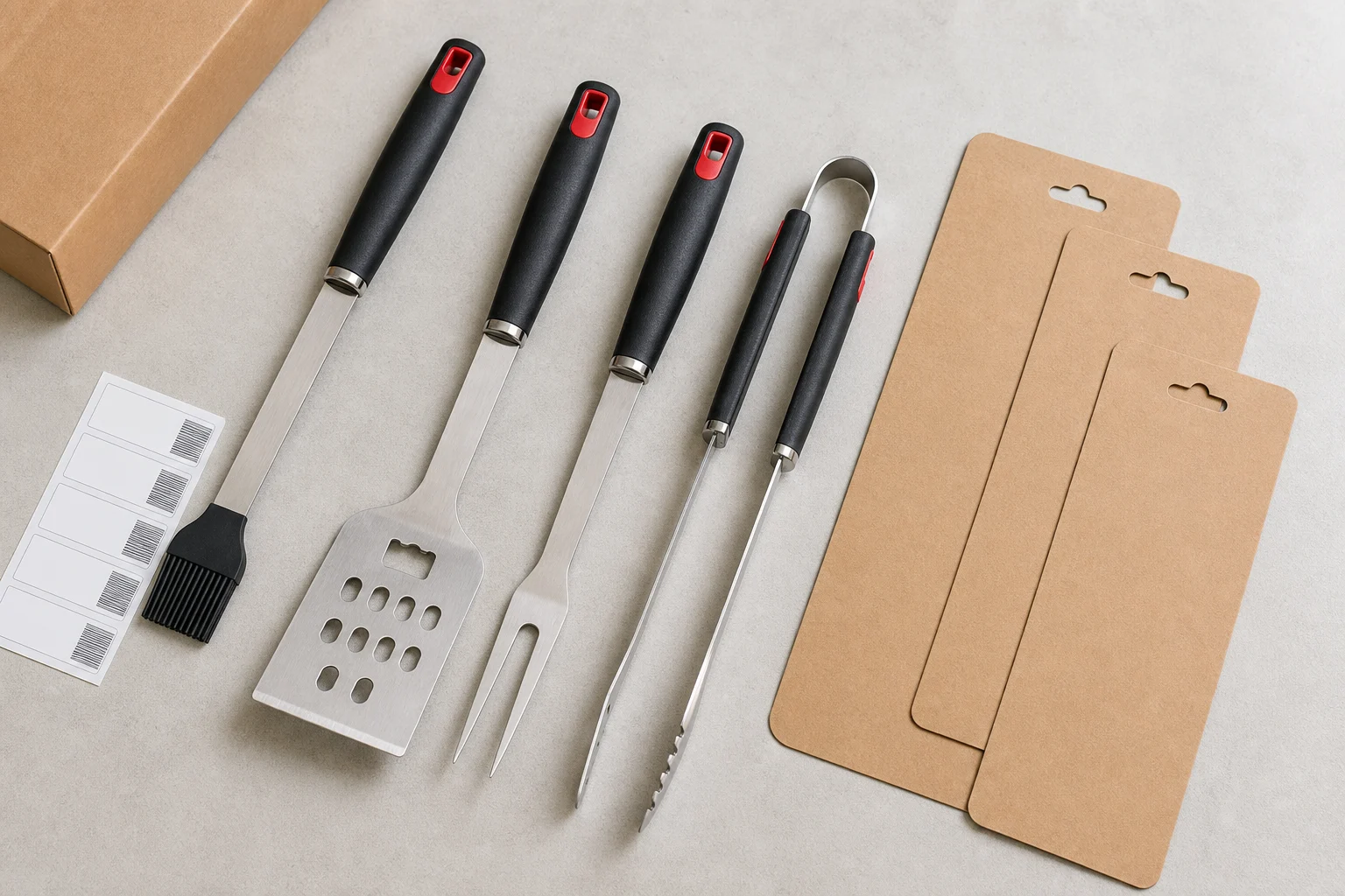 Four-piece stainless steel BBQ tool set with black and red handles beside blank hang cards, barcode labels, and a carton