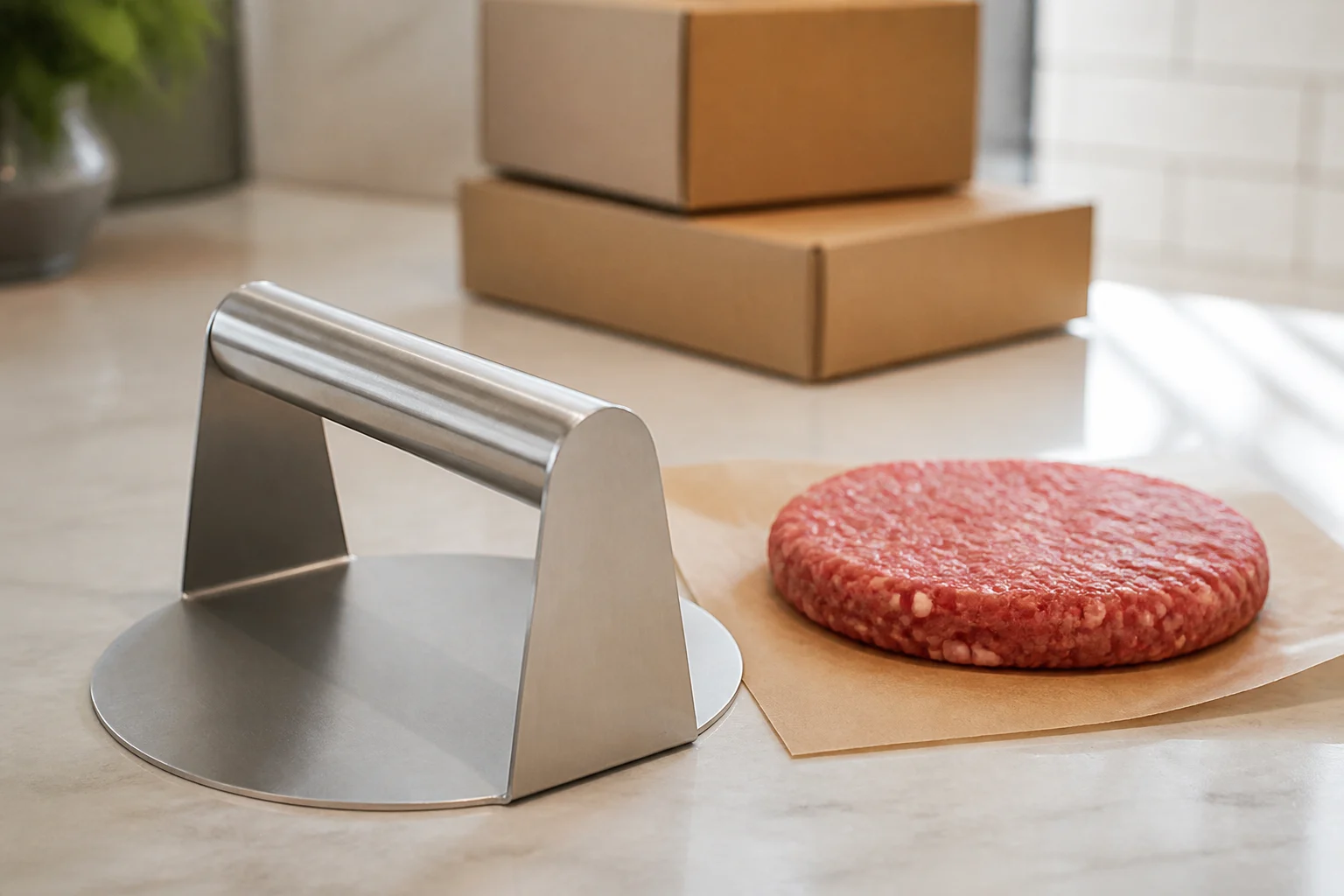 Clean stainless steel burger press beside a measured patty, caliper, and scale on a stainless sample test counter