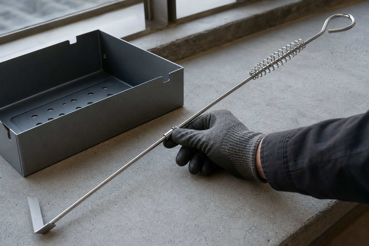 Clean metal charcoal ash rake beside a cold charcoal tray during a folding joint sample check