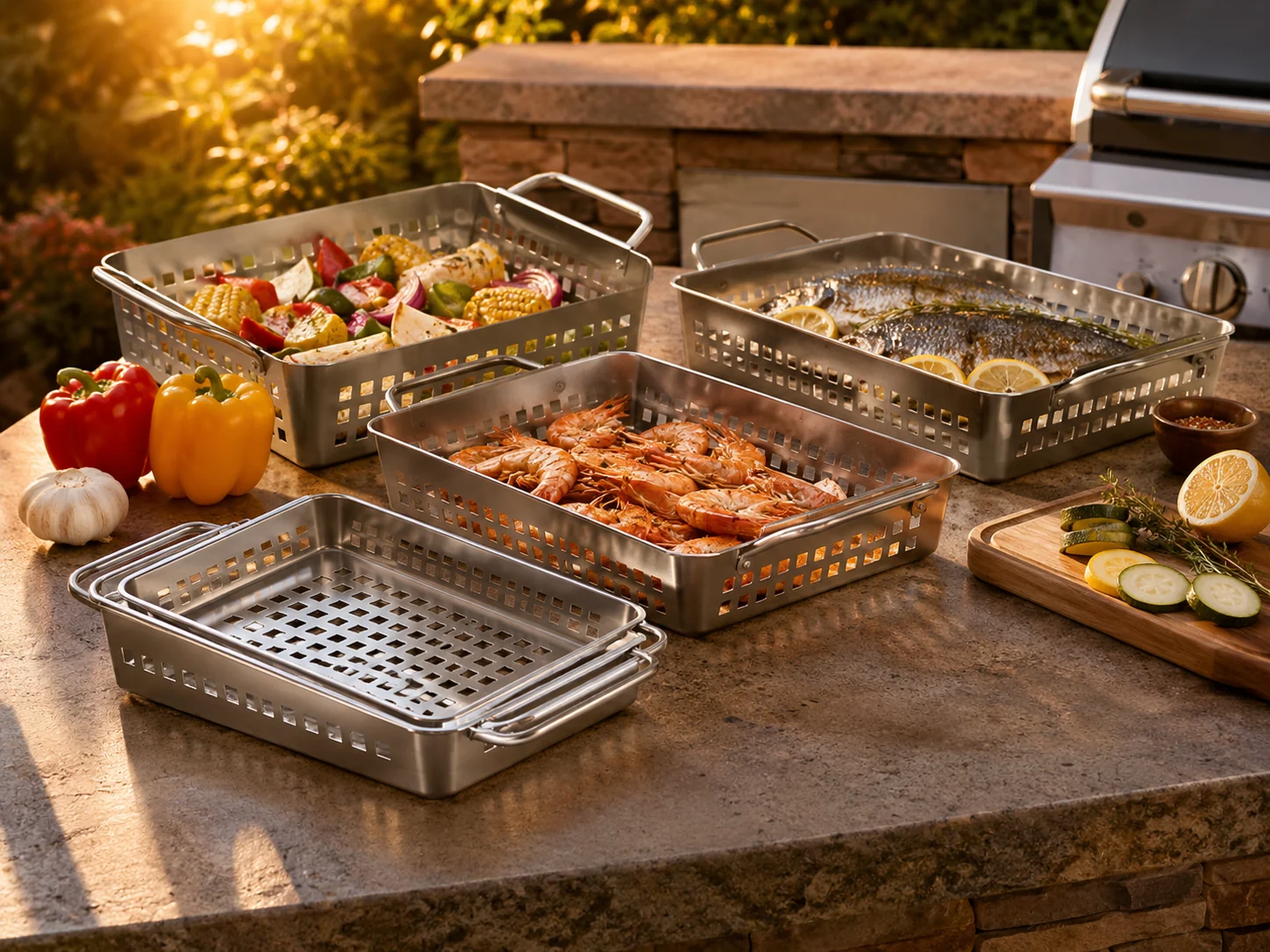 Stainless steel grill baskets with vegetables, shrimp, and fish on an outdoor kitchen counter at golden hour