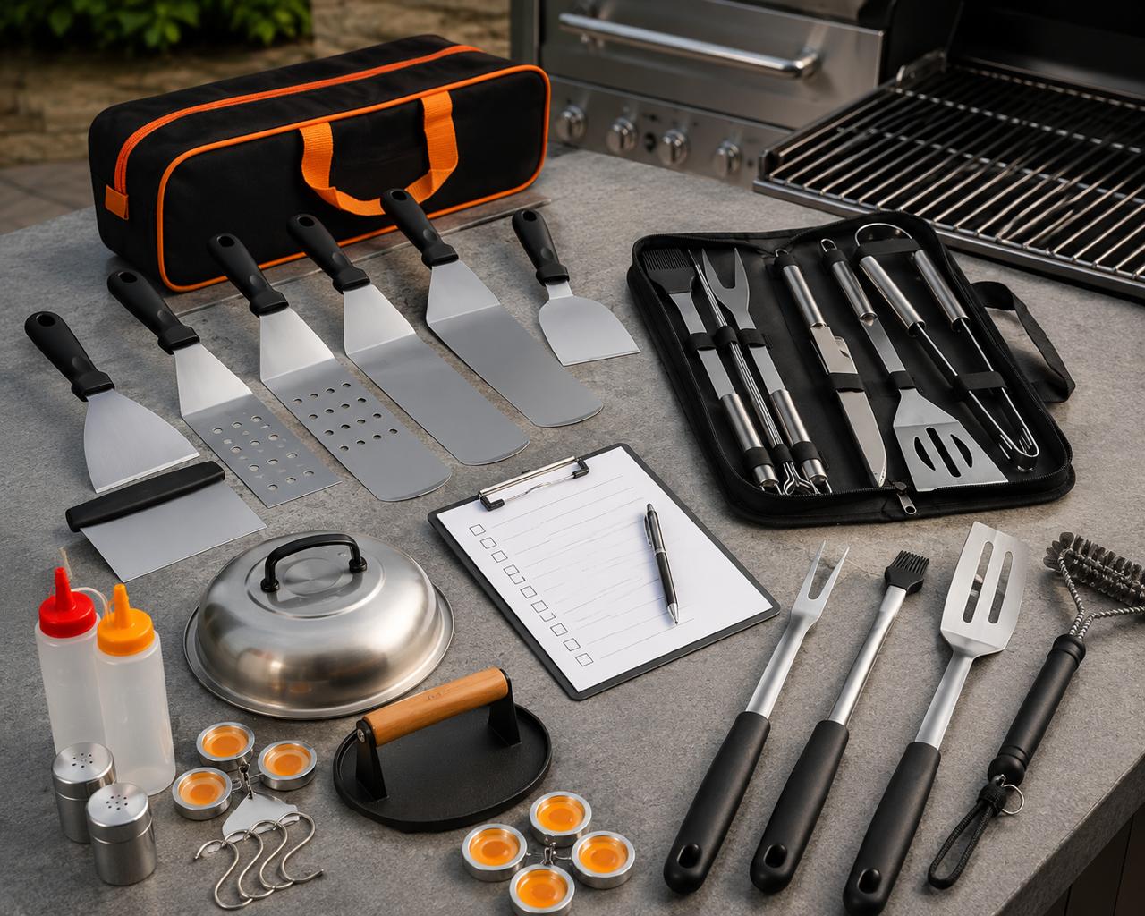 BBQ cleaning brush, scraper, grill tools, and inspection checklist arranged on an outdoor grill prep table