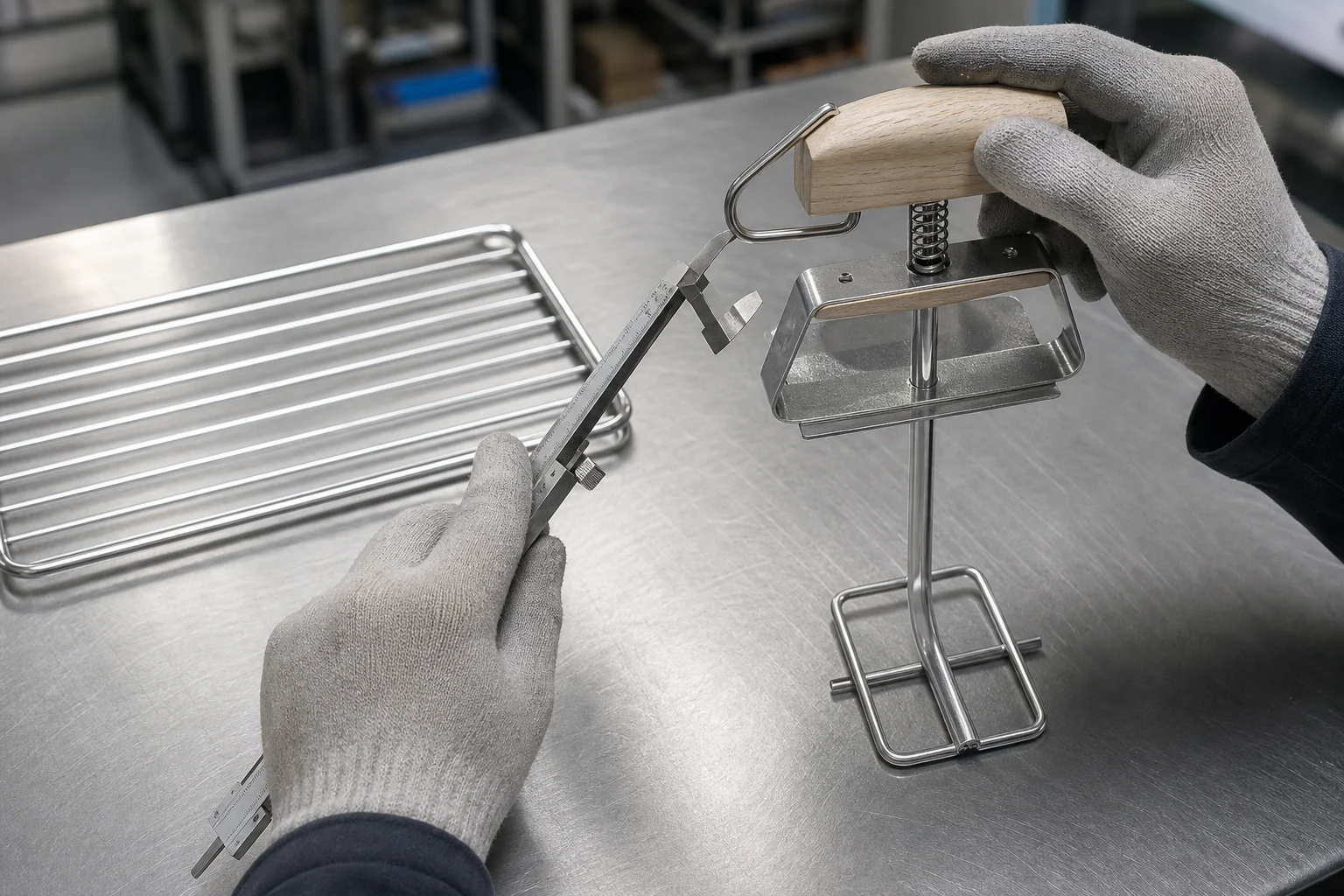 Clean grill grate lifter with wood grip inspected on a stainless QC workbench beside a cold grill grate sample
