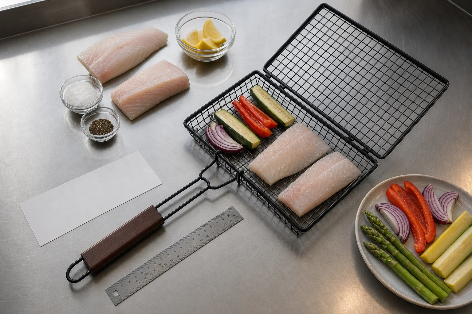 Clean wire grilling basket with fish fillets and vegetables on a stainless sample prep table