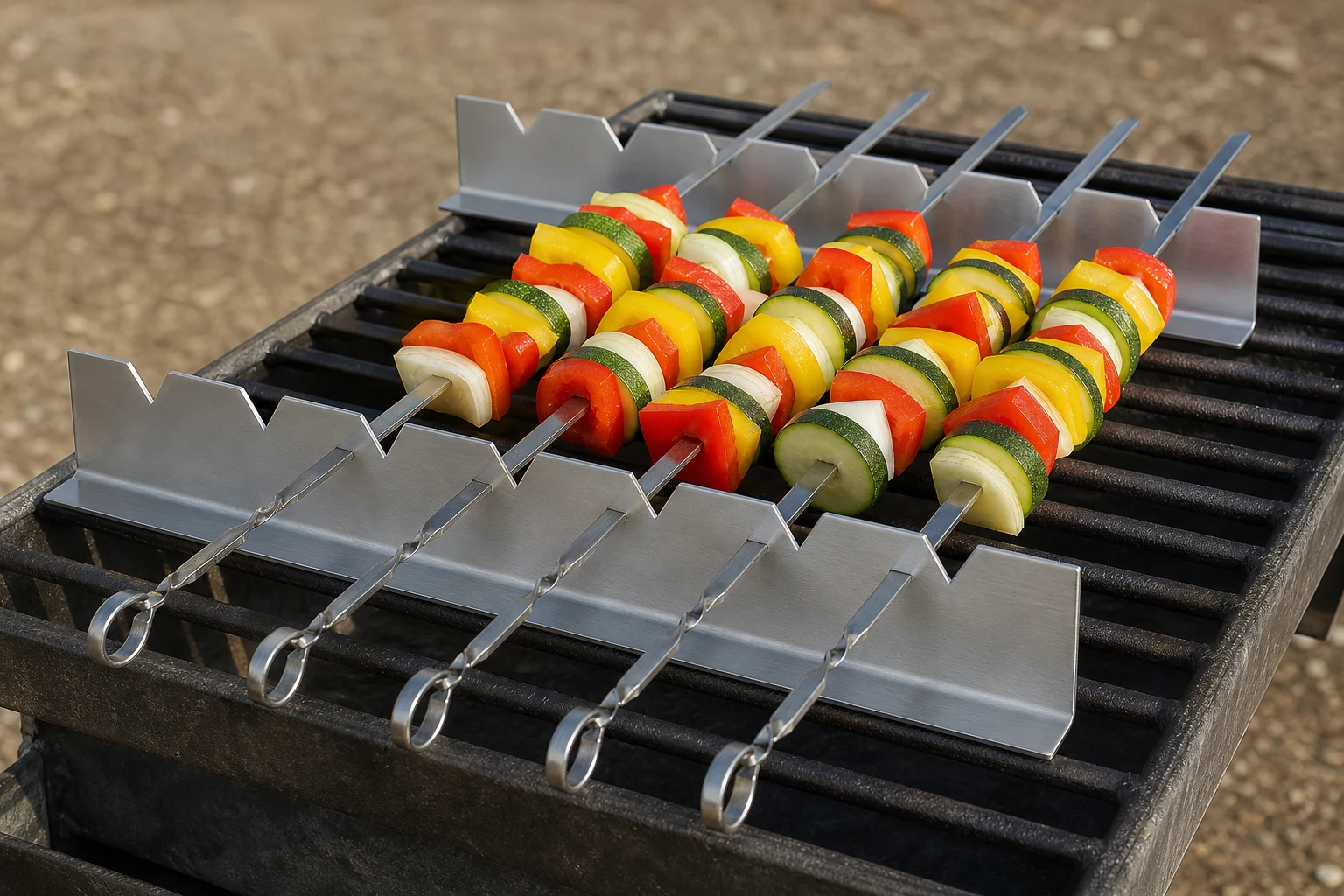 Clean Grillive stainless skewer holder rails supporting vegetable kebab skewers on an unbranded cold grill grate