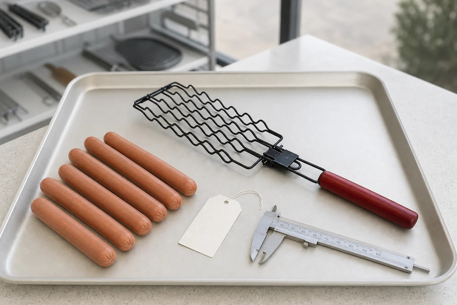 Clean black hot dog and sausage grill basket with red wooden handle on a pale sample tray with sausages, a blank tag, and caliper