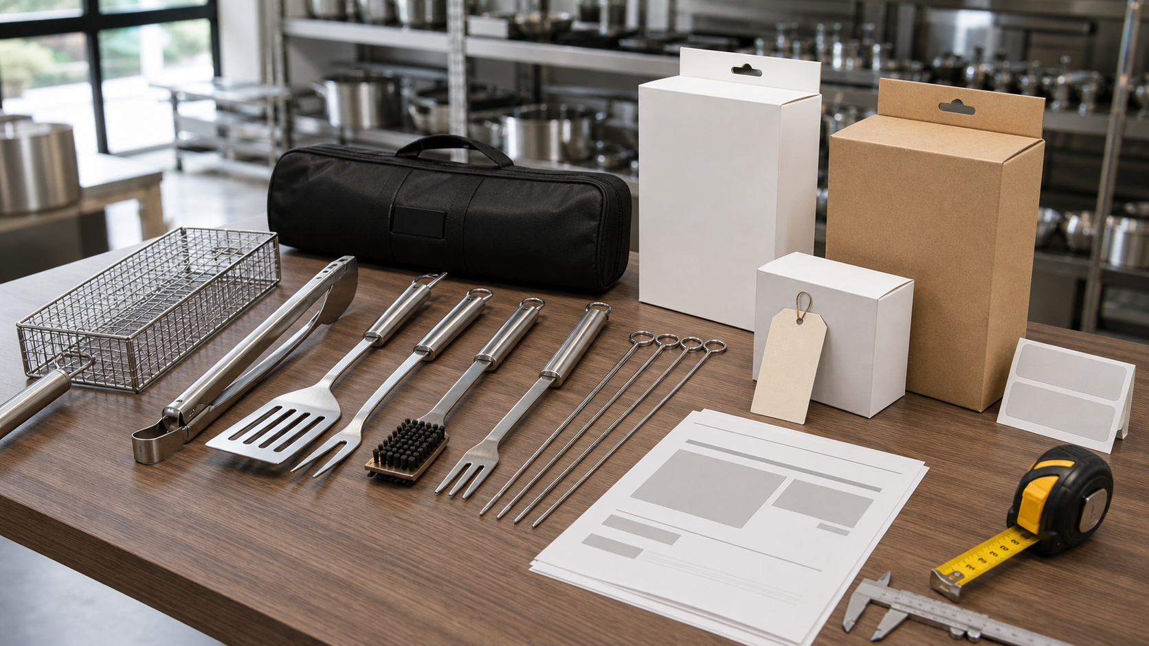 OEM BBQ accessories samples with packaging mockups and quotation documents