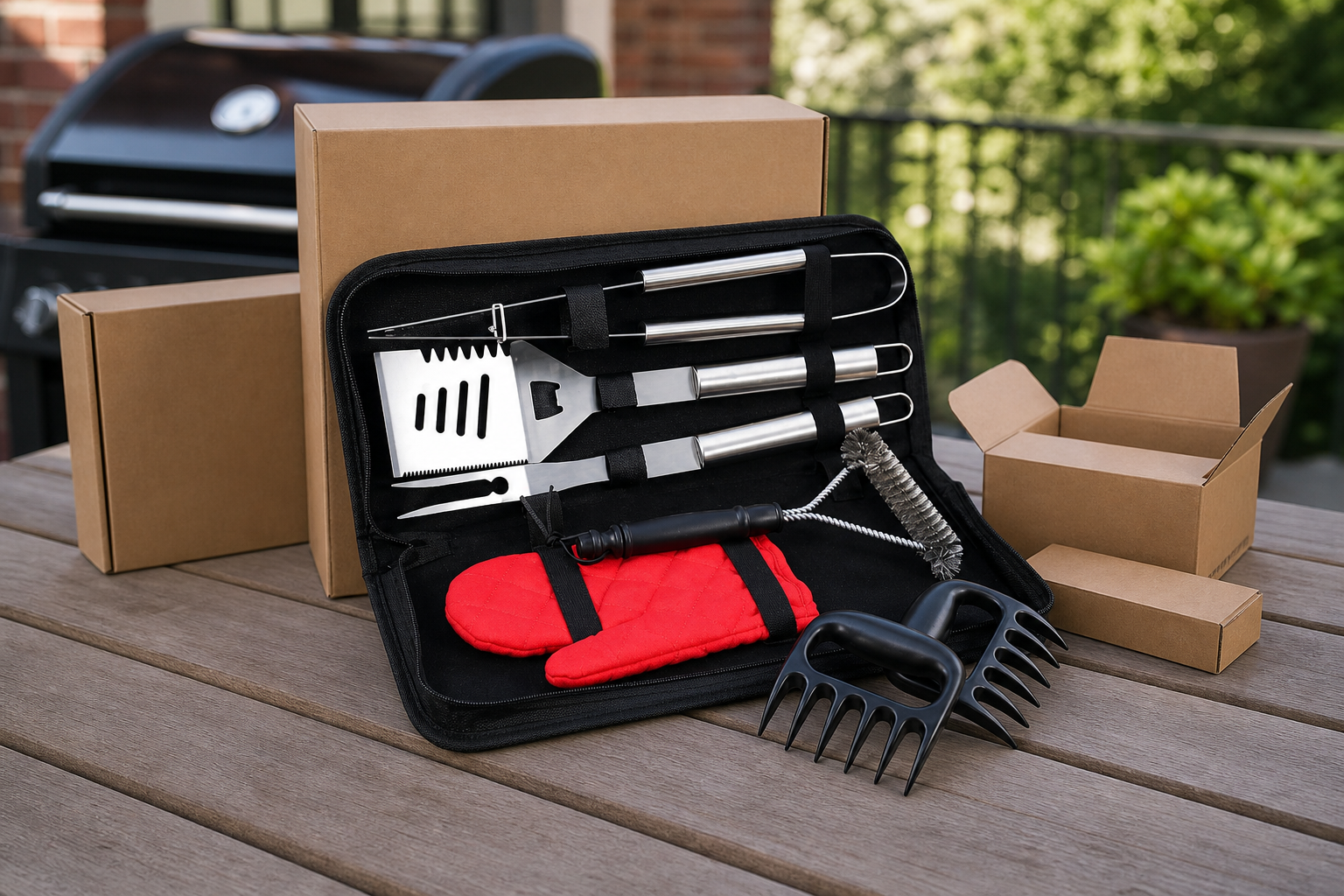 Clean stainless steel BBQ tool set in a black storage case on an outdoor patio table with plain cartons and a grill in the background