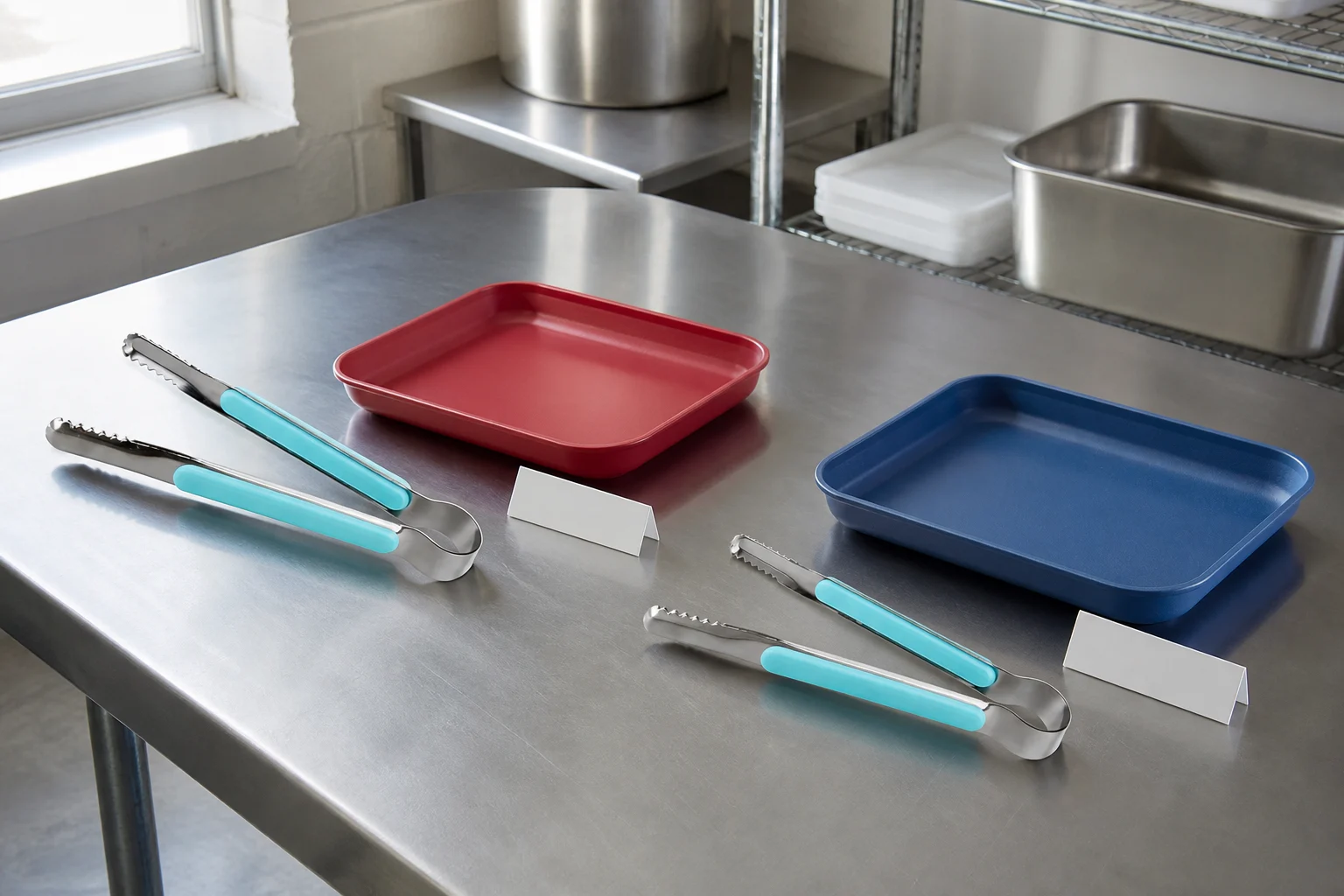 Clean blue-handle BBQ tongs separated beside red and blue sample trays on a stainless prep counter