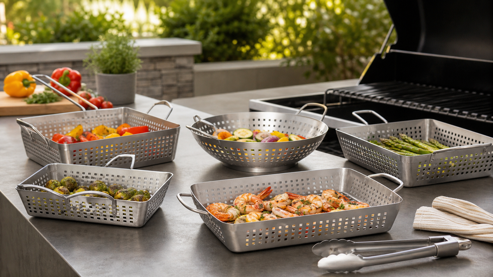 Stainless steel grill baskets arranged on an outdoor grill prep table