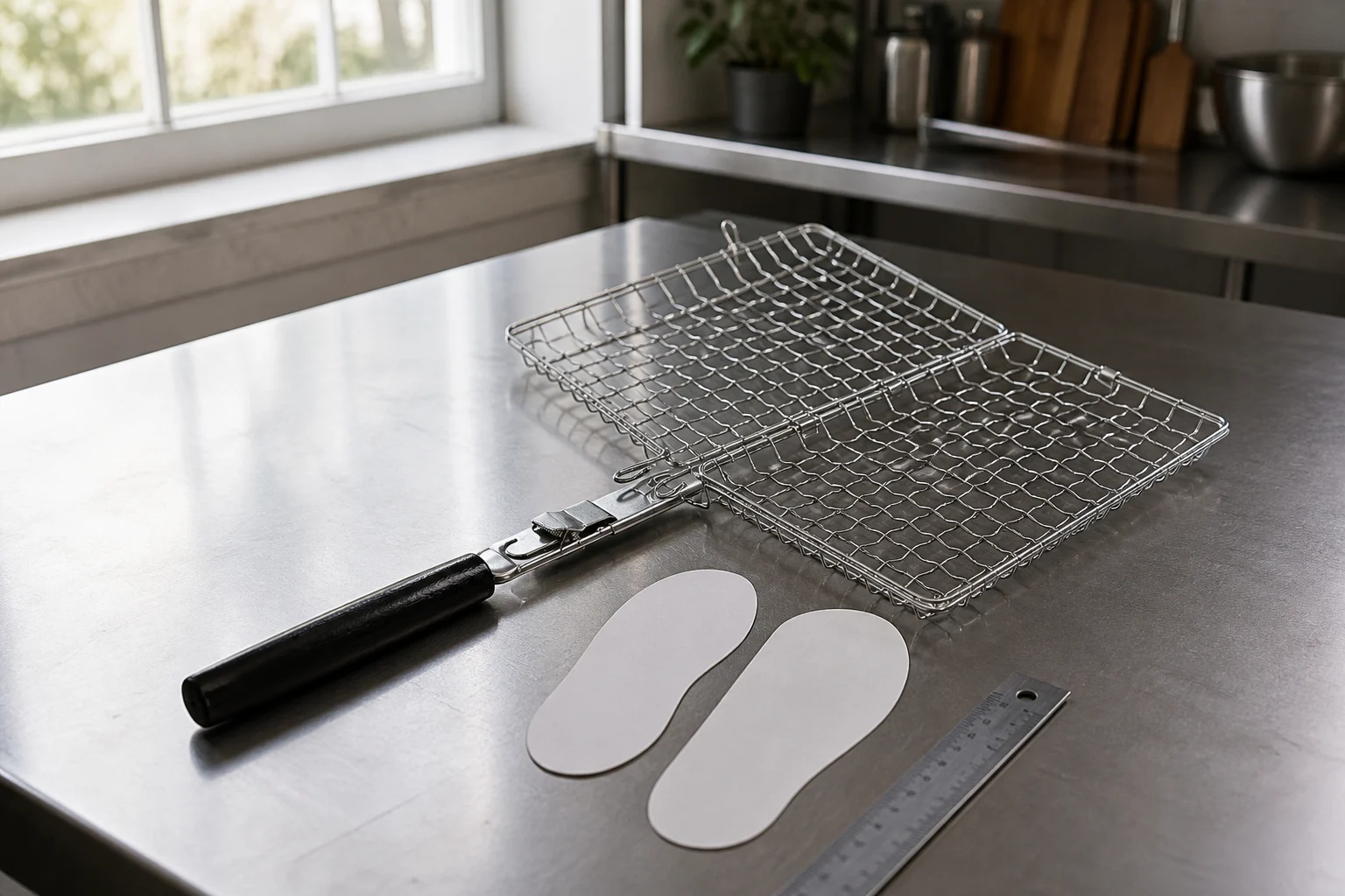 Clean Grillive steak grilling basket open on a stainless test-kitchen counter with paper fit templates and a ruler