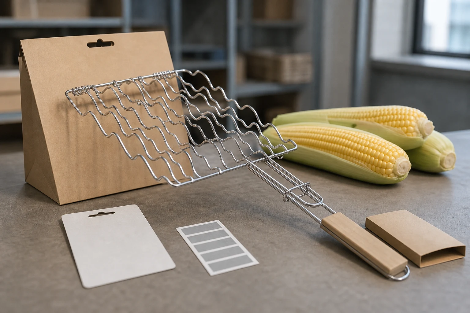 Clean stainless steel corn roaster basket beside corn cobs and blank retail packaging samples in a warehouse sample room