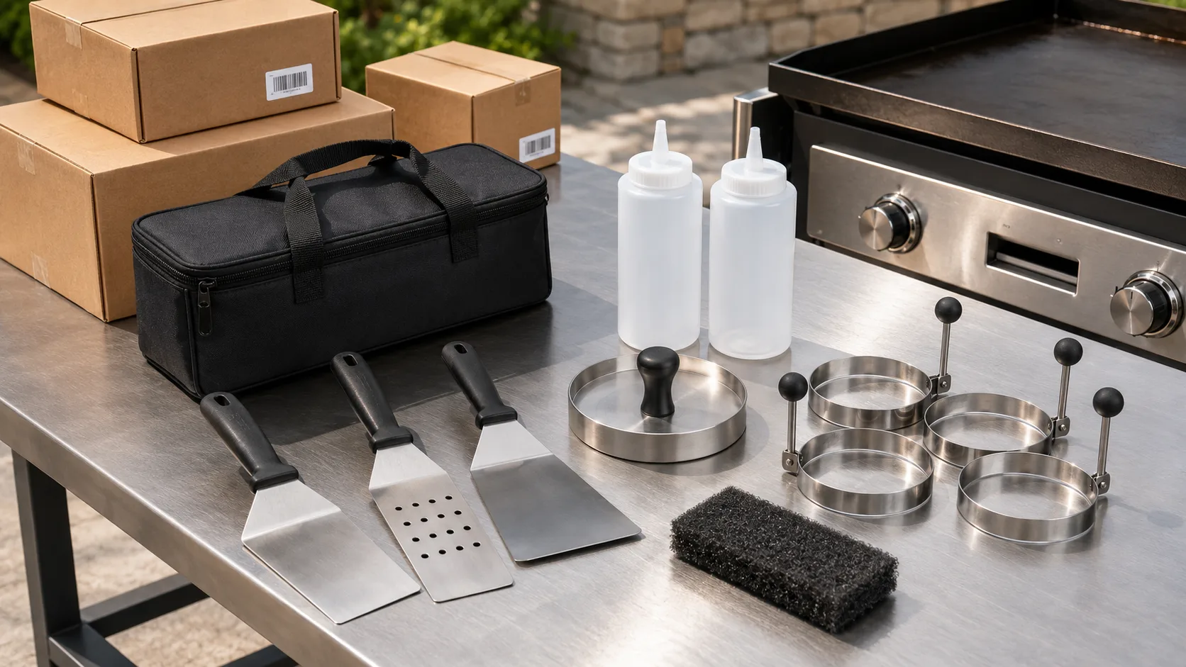 Wholesale griddle accessories kit with spatulas, scraper, bottles, burger press, and carry bag
