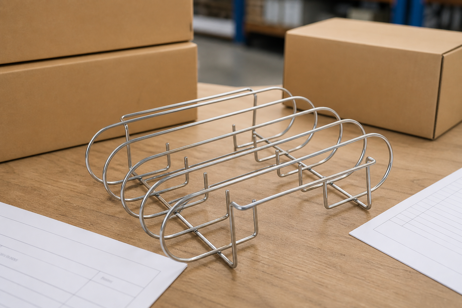 Clean stainless steel rib rack sample on a procurement desk with blank cartons and inspection documents