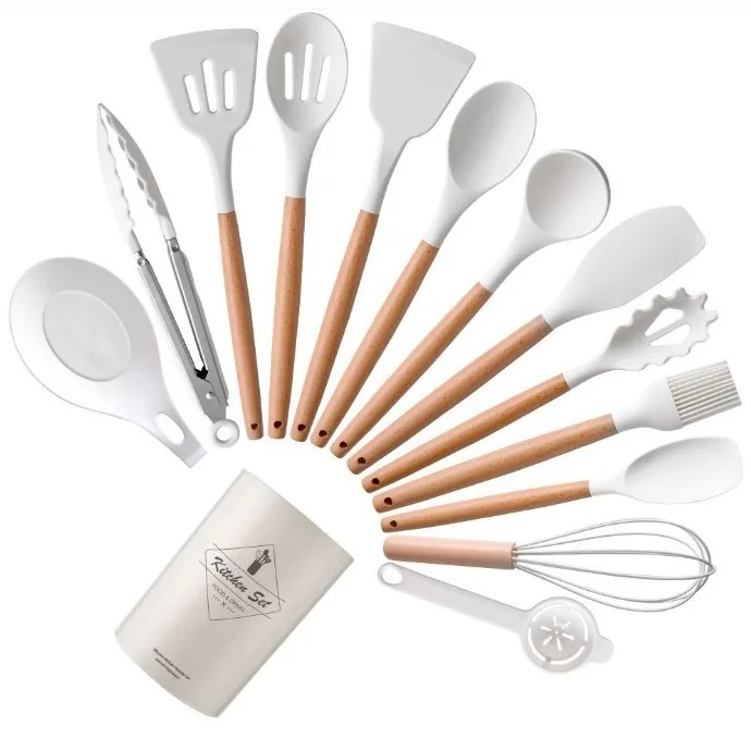 13-Piece Kitchen Cooking Utensil Set, Silicone with Wooden Handles - product image 1