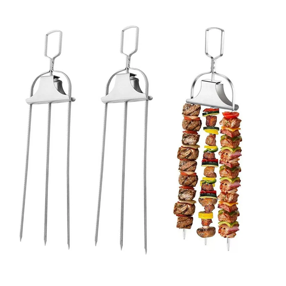 3-Prong Stainless Steel Grill Skewer with Push Bar Slider image 1