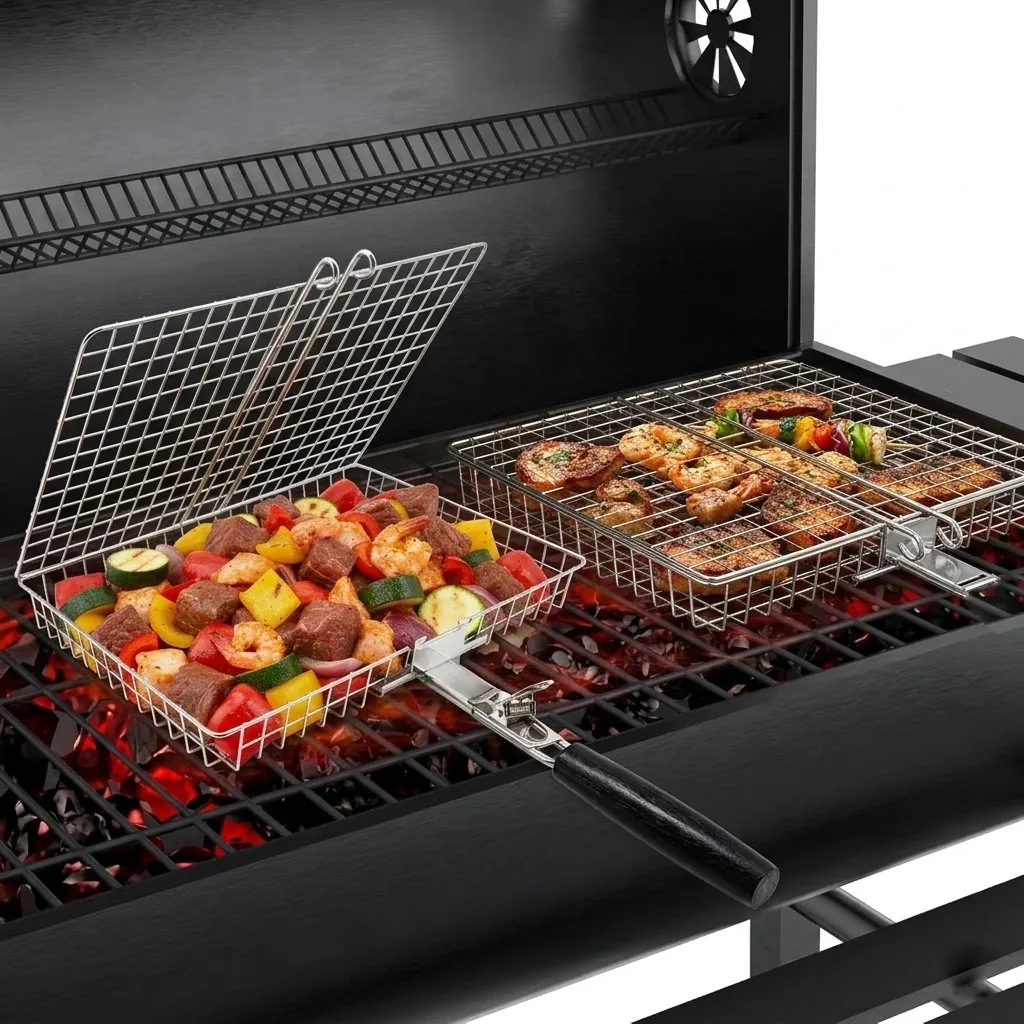 Custom BBQ Grill Basket with Detachable Handle, Stainless Steel - wholesale product image 2