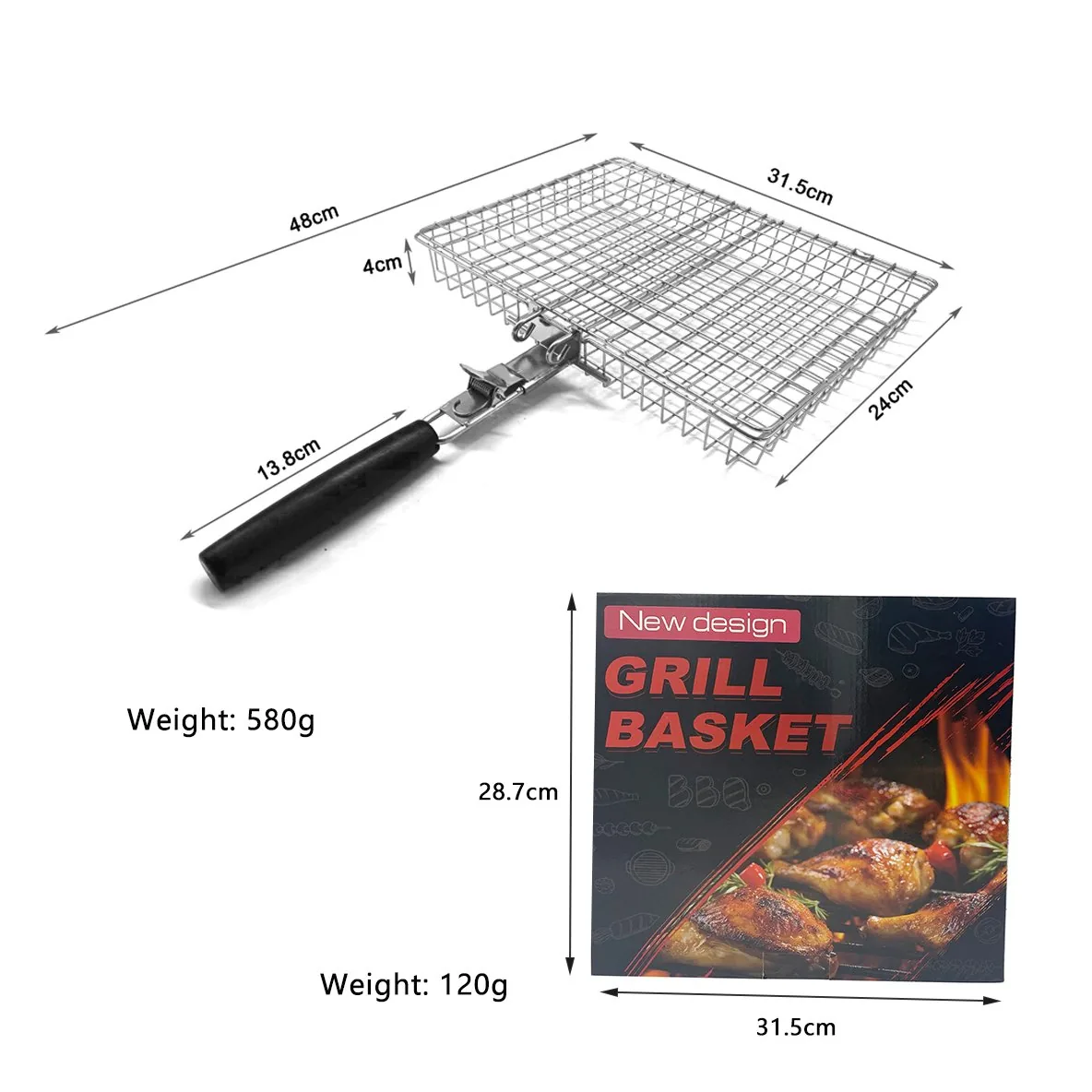 Custom BBQ Grill Basket with Detachable Handle, Stainless Steel - wholesale product image 4